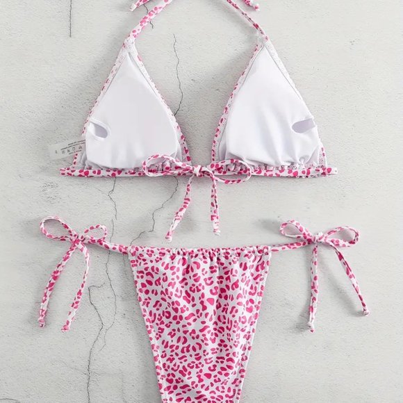 2 Piece Swimsuit, Halter Tide Side Triangle Bikini, Spaghetti Strap - Pink - Picture 5 of 7